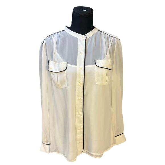 Worthington Sheer Button Front Blouse Size L Ivory w Black Piping - Picture 2 of 9